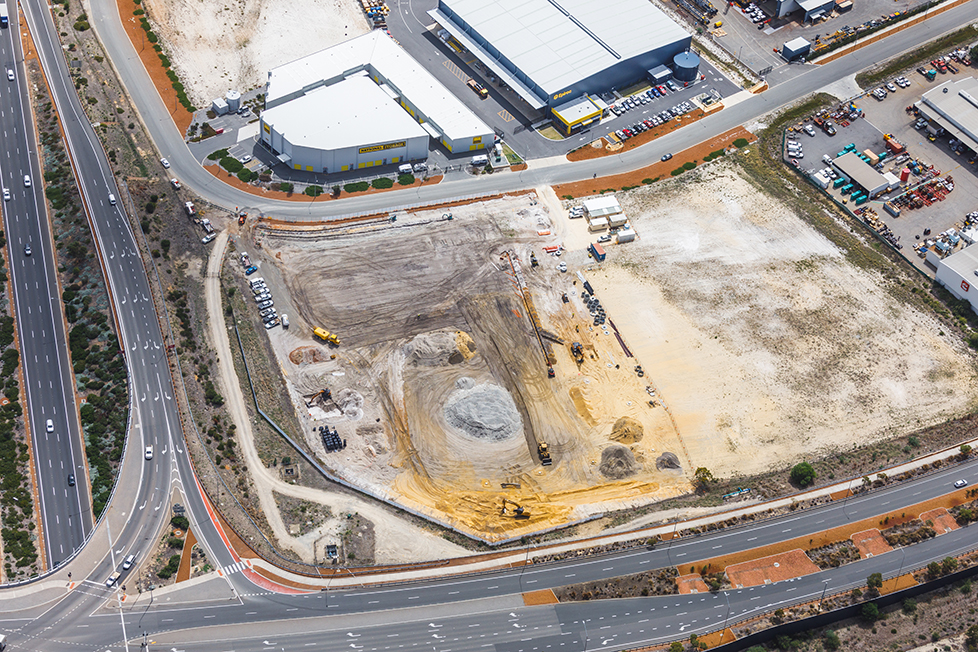 Hybrid Systems Workshop, Fawcett Crescent, Perth Airport, Western Australia, Design & Construct Project, Capstone Construction, Industrial Warehouse, Office, Loading Dock, Carpark, Development, Aerial, Hybrid Systems Page
