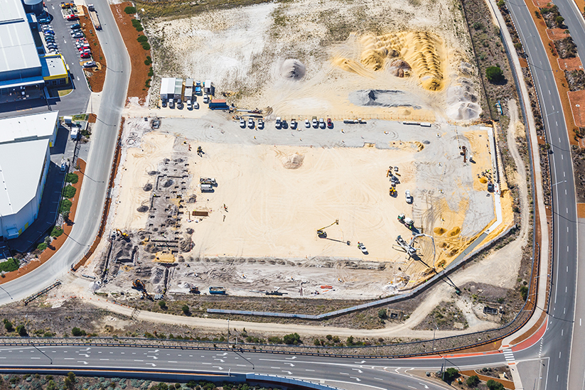Hybrid Systems Workshop, Fawcett Crescent, Perth Airport, Western Australia, Design & Construct Project, Capstone Construction, Industrial Warehouse, Office, Loading Dock, Carpark, Development, Aerial, Hybrid Systems Page