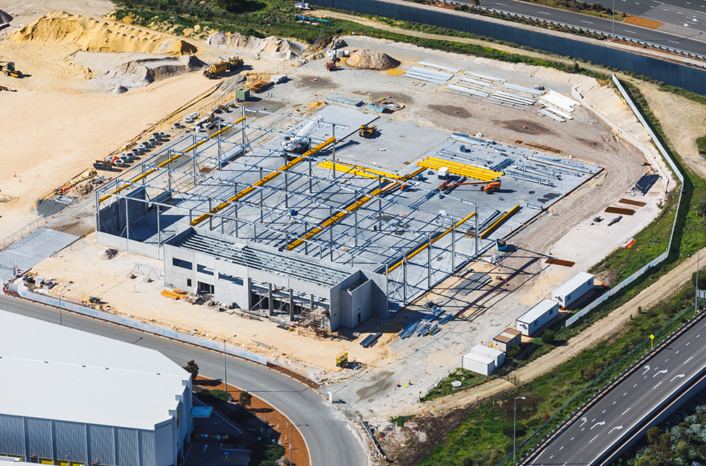 Hybrid Systems Workshop, Fawcett Crescent, Perth Airport, Western Australia, Design & Construct Project, Capstone Construction, Industrial Warehouse, Office, Loading Dock, Carpark, Development, Aerial, Hybrid Systems Page