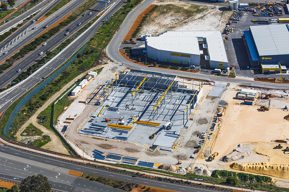 Hybrid Systems Workshop, Fawcett Crescent, Perth Airport, Western Australia, Design & Construct Project, Capstone Construction, Industrial Warehouse, Office, Loading Dock, Carpark, Development, Aerial, Hybrid Systems Page