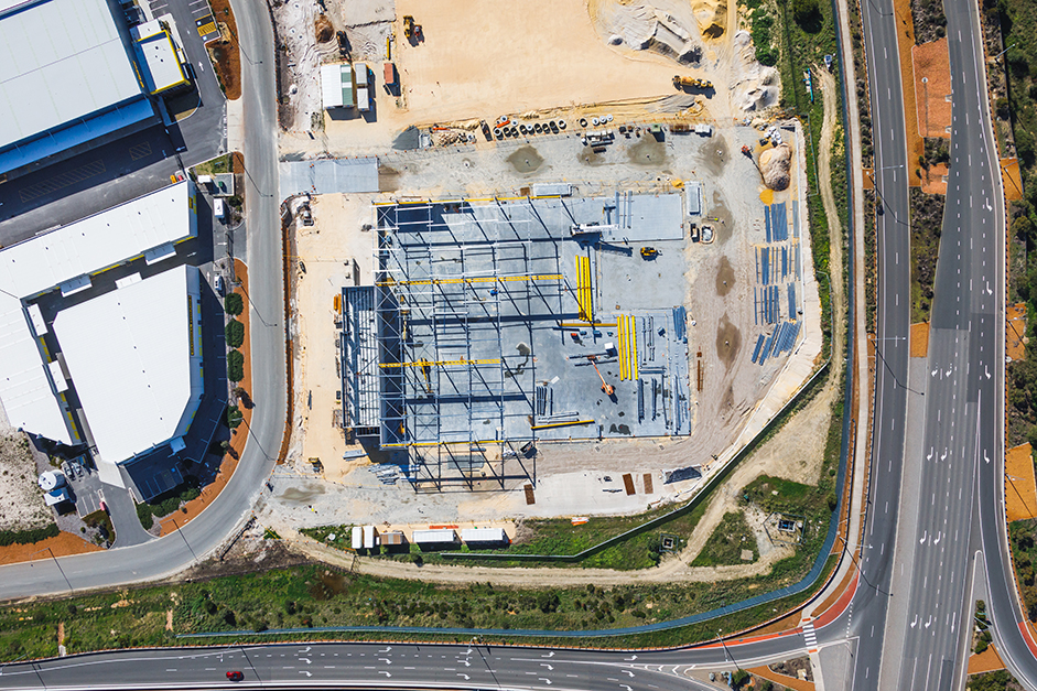 Hybrid Systems Workshop, Fawcett Crescent, Perth Airport, Western Australia, Design & Construct Project, Capstone Construction, Industrial Warehouse, Office, Loading Dock, Carpark, Development, Aerial, Hybrid Systems Page