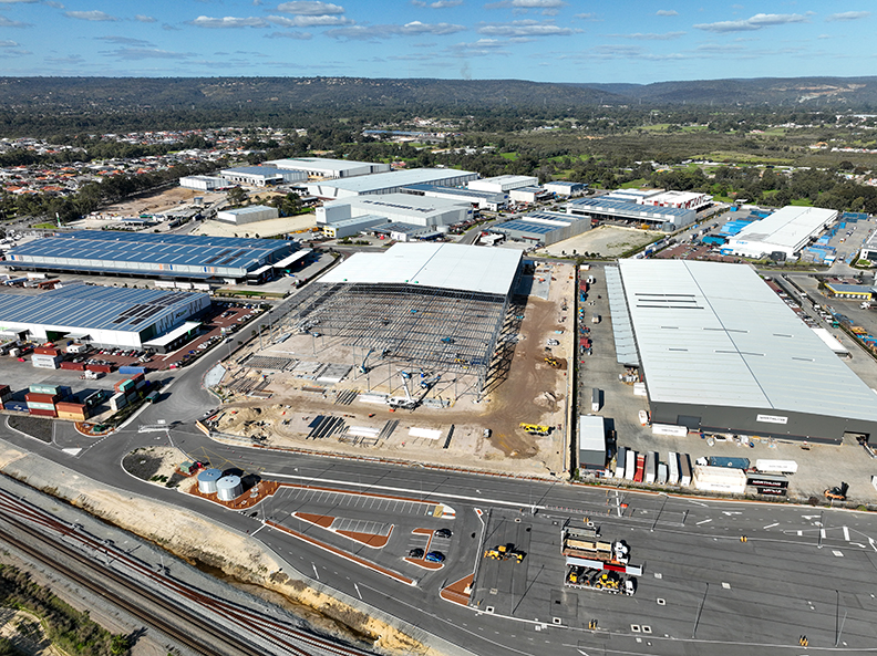 Silk K2 Distribution Centre, Roe Highway Logistics Park, Kenwick, Perth, Western Australia, Design & Construct Project, Capstone Construction, Industrial Warehouse, Office, Loading Dock, Carpark, Super Canopy, Development, Aerial, Silk DC Page