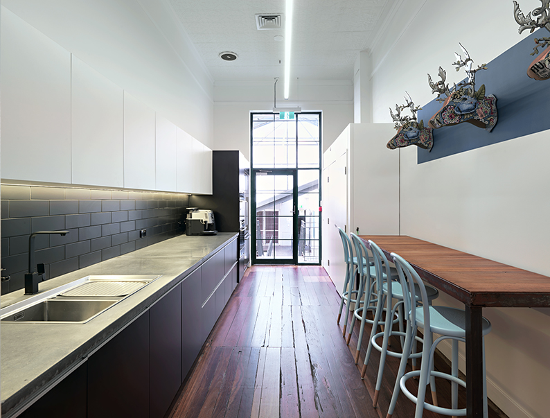 Primewest Management Offices, Centuria, 307 Murray Street, Perth, Western Australia, structural upgrade, services refit and fit-out of a heritage building on Murray Street for Centuria's new Head Office, kitchen, Perkins TPD